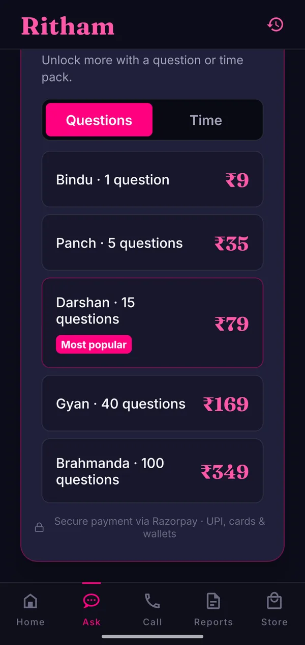 Ritham AI chat question packs priced in rupees, paid via Razorpay