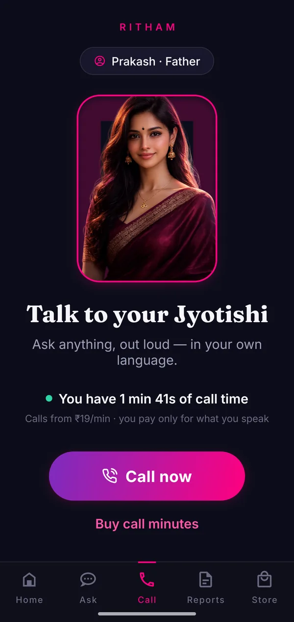 Ritham voice call with AI astrologer screen