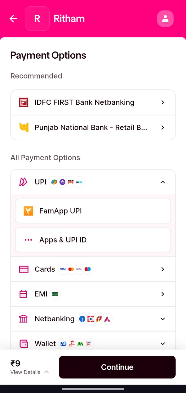 Razorpay secure checkout inside the Ritham app showing UPI, cards, netbanking and wallets